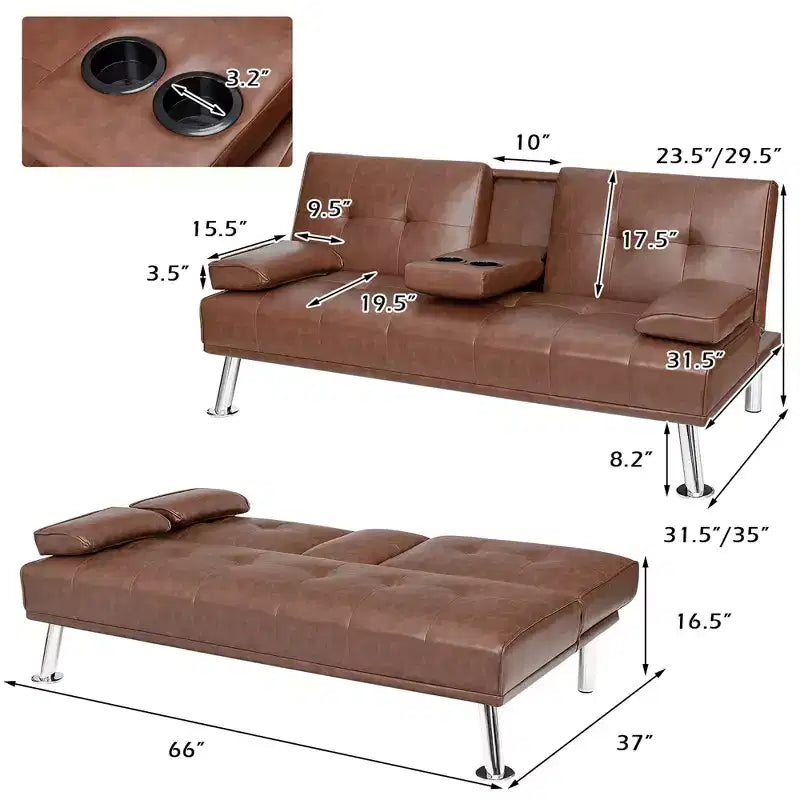 Canapé-lit futon convertible pliant en cuir avec porte-gobelets et accoudoirs