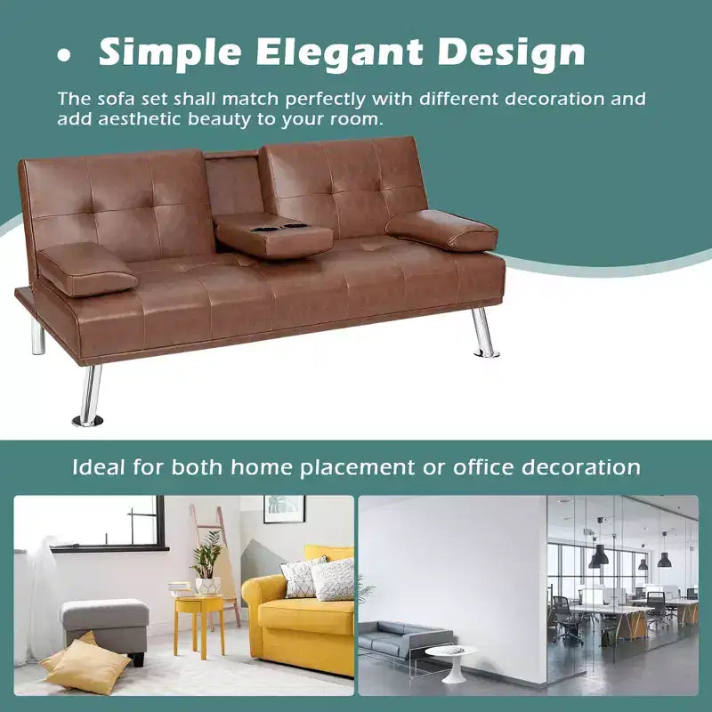Canapé-lit futon convertible pliant en cuir avec porte-gobelets et accoudoirs