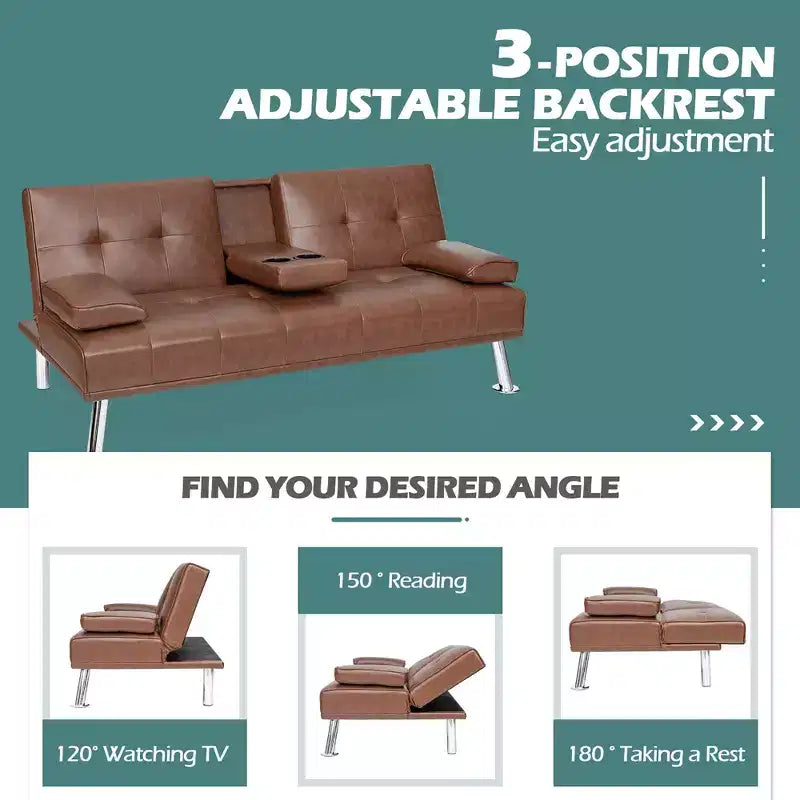 Canapé-lit futon convertible pliant en cuir avec porte-gobelets et accoudoirs