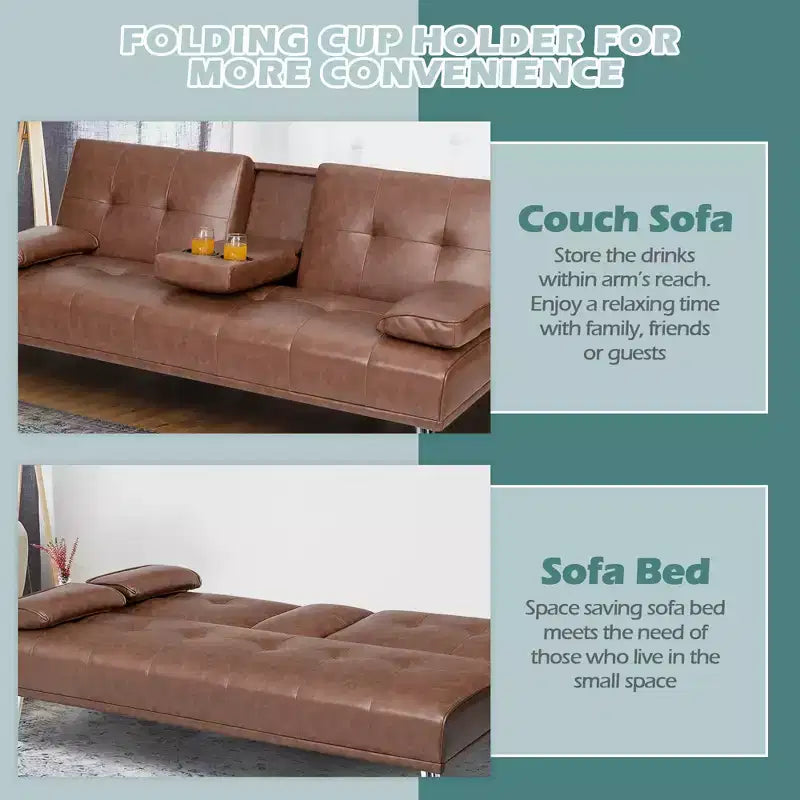 Canapé-lit futon convertible pliant en cuir avec porte-gobelets et accoudoirs