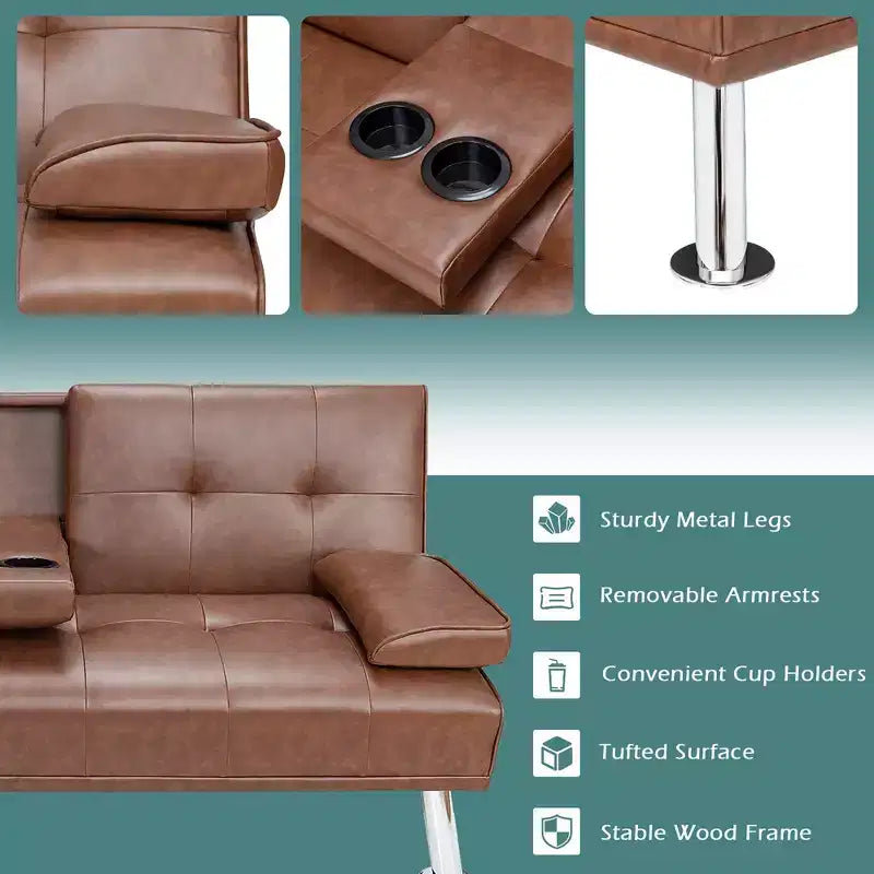 Canapé-lit futon convertible pliant en cuir avec porte-gobelets et accoudoirs