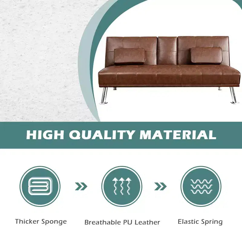 Canapé-lit futon convertible pliant en cuir avec porte-gobelets et accoudoirs