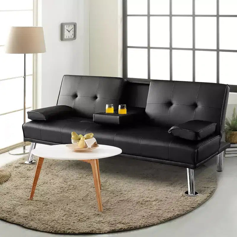 Canapé-lit futon convertible pliant en cuir avec porte-gobelets et accoudoirs