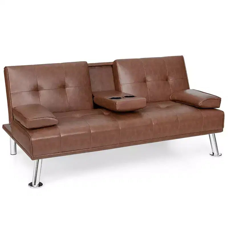 Canapé-lit futon convertible pliant en cuir avec porte-gobelets et accoudoirs