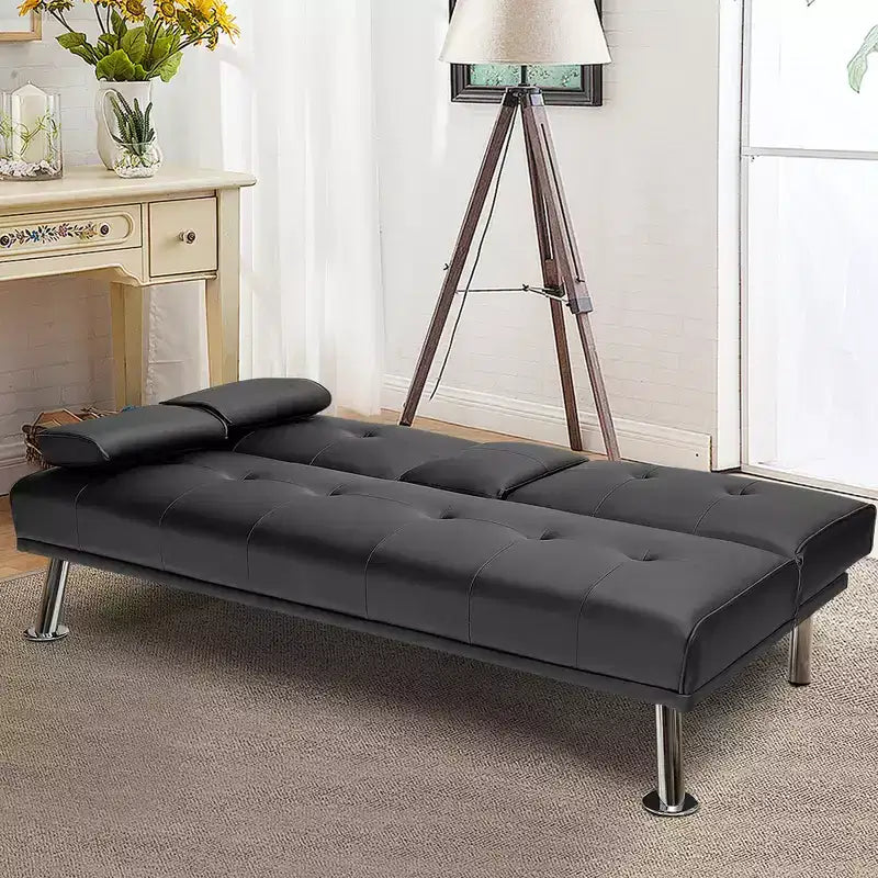 Convertible Folding Futon Sofa Bed Leather w/Cup Holders & Armrests