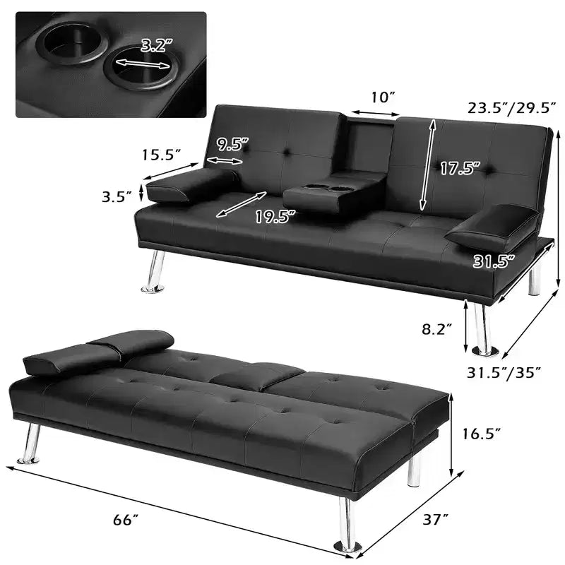 Convertible Folding Futon Sofa Bed Leather w/Cup Holders & Armrests