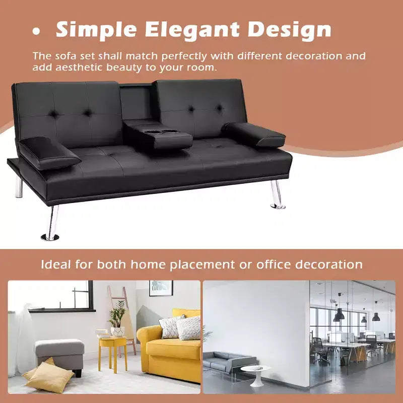 Convertible Folding Futon Sofa Bed Leather w/Cup Holders & Armrests