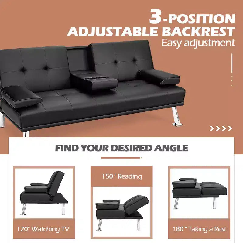 Canapé-lit futon convertible pliant en cuir avec porte-gobelets et accoudoirs