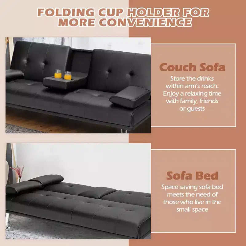 Canapé-lit futon convertible pliant en cuir avec porte-gobelets et accoudoirs