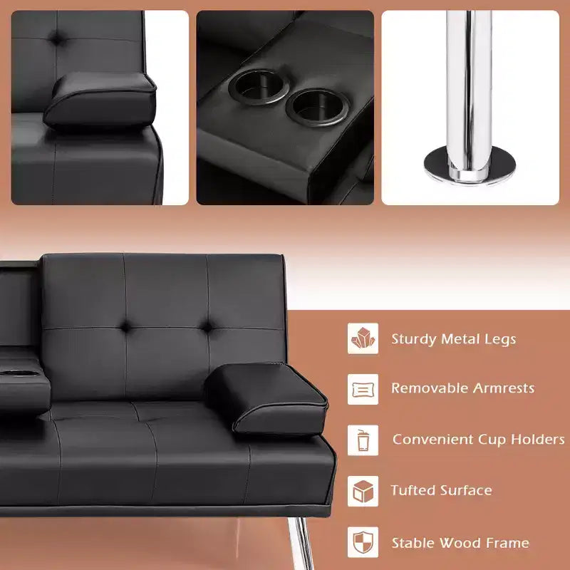 Canapé-lit futon convertible pliant en cuir avec porte-gobelets et accoudoirs