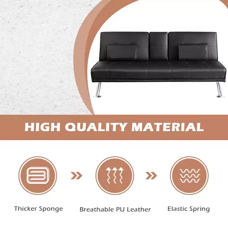 Canapé-lit futon convertible pliant en cuir avec porte-gobelets et accoudoirs