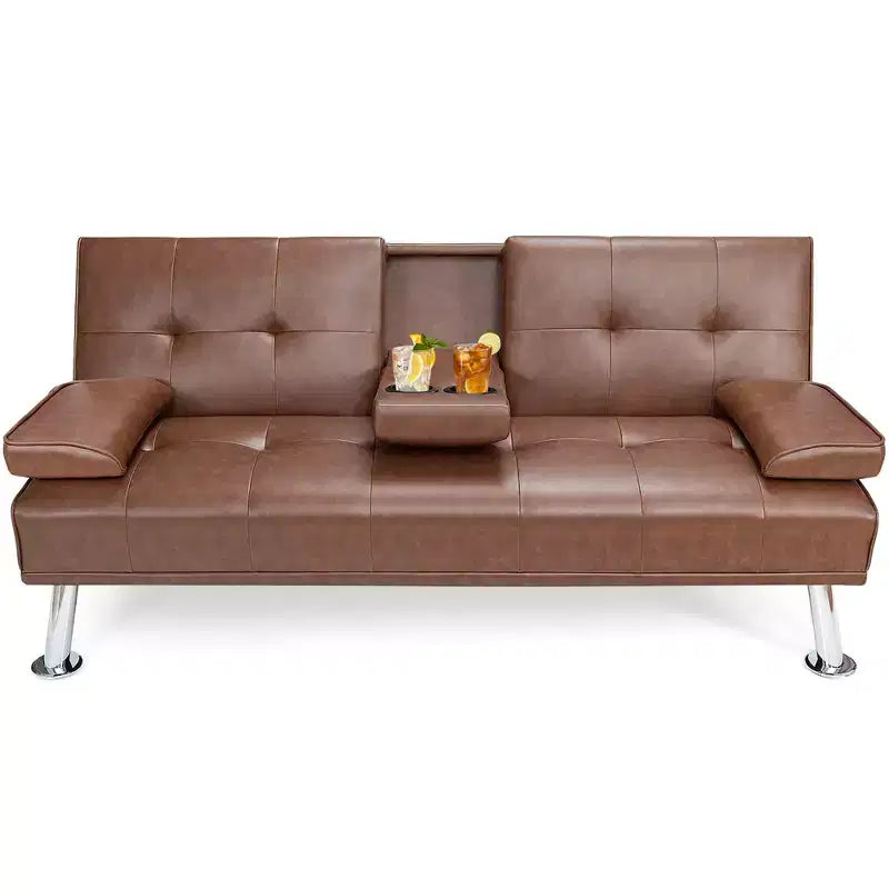 Convertible Folding Futon Sofa Bed Leather w/Cup Holders & Armrests