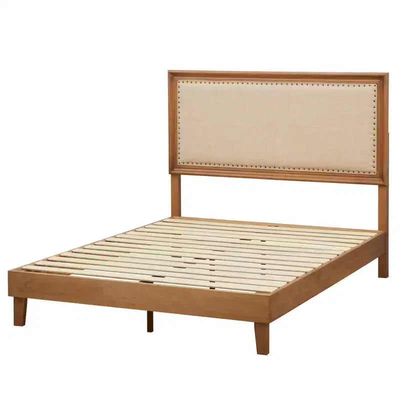 Queen Upholstered Rustic Wood Bed