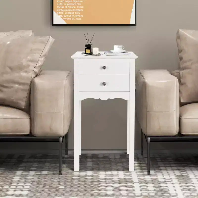 Side Table End Accent Table Night Stand W/ 2 Drawers White
