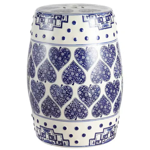 JONATHAN Y Happy Hearts 17.8 Chinoiserie Ceramic Drum Garden Stool/Accent Table, Blue/White