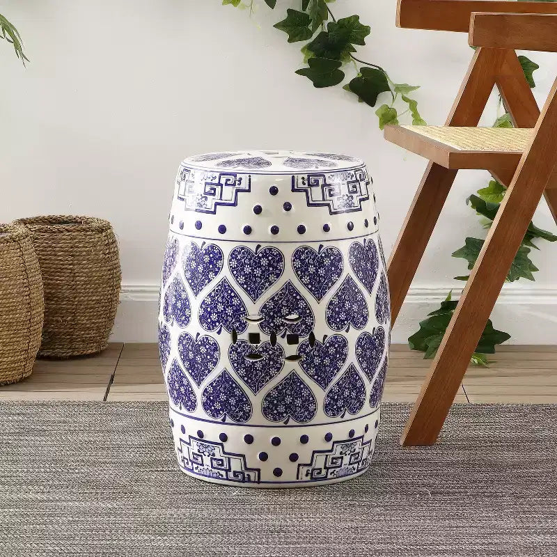 17.8 Chinoiserie Ceramic Drum Garden Stool / Accent Table, Blue/White