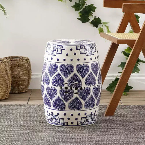 17.8 Chinoiserie Ceramic Drum Garden Stool / Accent Table, Blue/White