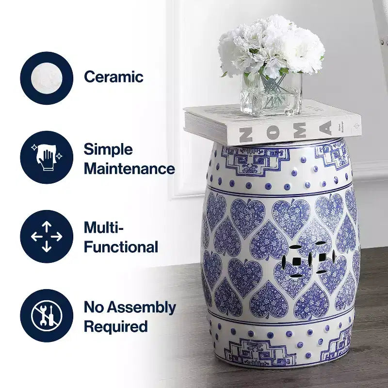 17.8 Chinoiserie Ceramic Drum Garden Stool / Accent Table, Blue/White