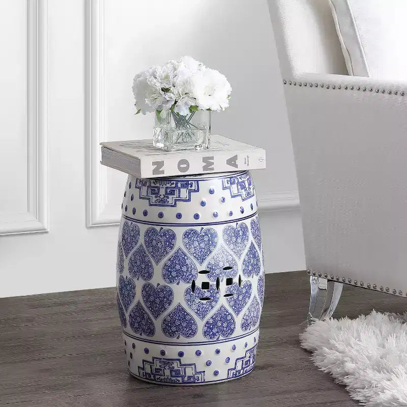 17.8 Chinoiserie Ceramic Drum Garden Stool / Accent Table, Blue/White