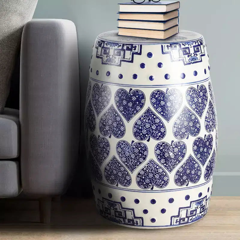 17.8 Chinoiserie Ceramic Drum Garden Stool / Accent Table, Blue/White