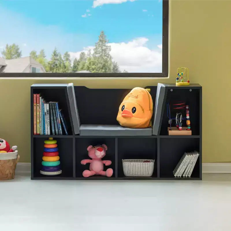 Modern Multi-Purpose Bookshelf with Storage Space and Gray Cushioned Reading Nook