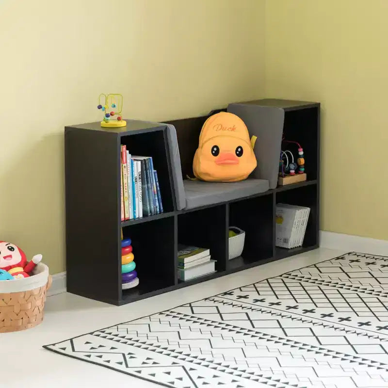 Étagère multifonction moderne avec espace de rangement et coin lecture rembourré gris