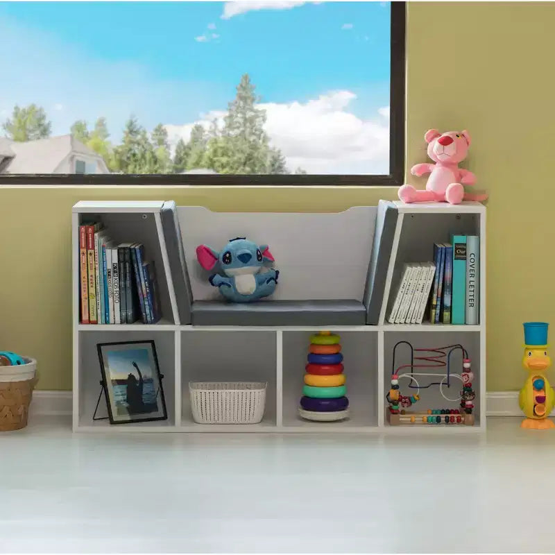 Étagère multifonction moderne avec espace de rangement et coin lecture rembourré gris