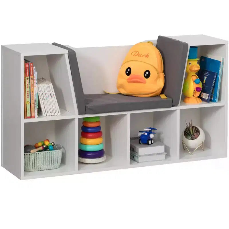 Modern Multi-Purpose Bookshelf with Storage Space and Gray Cushioned Reading Nook
