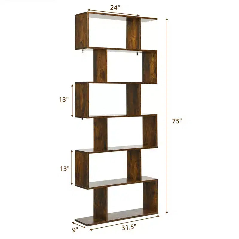 6 Tier S-Shaped Bookshelf Storage Display Bookcase Coffee