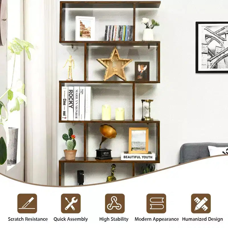 6 Tier S-Shaped Bookshelf Storage Display Bookcase Coffee