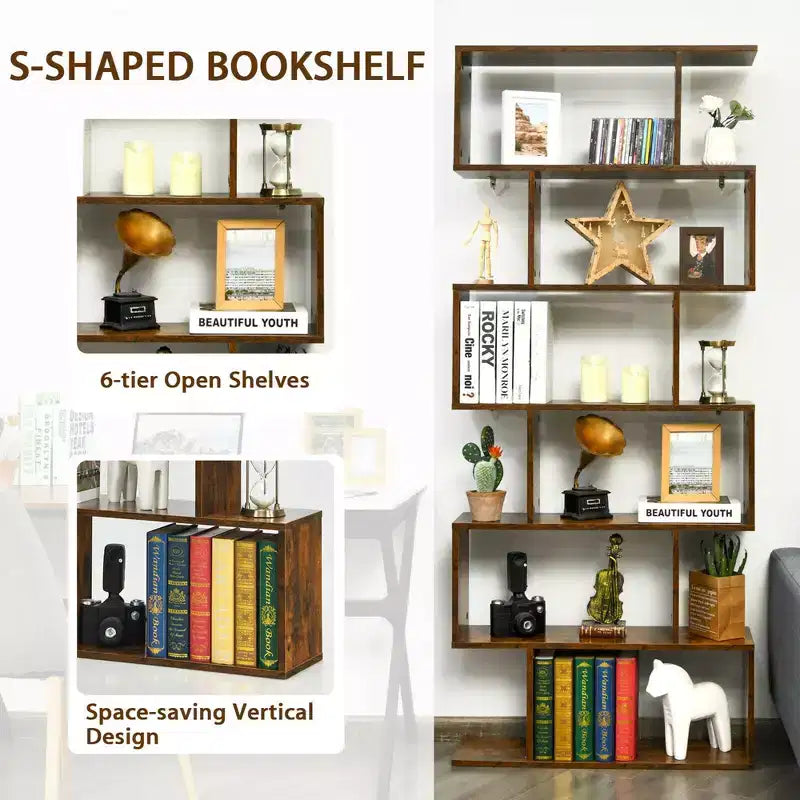 Étagère à livres en forme de S à 6 niveaux Meuble de rangement Café