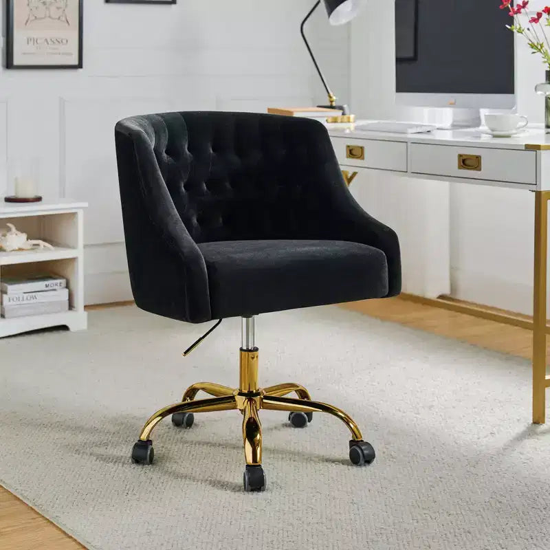 Chaise de bureau moderne pivotante réglable en hauteur en velours avec dossier capitonné et base dorée