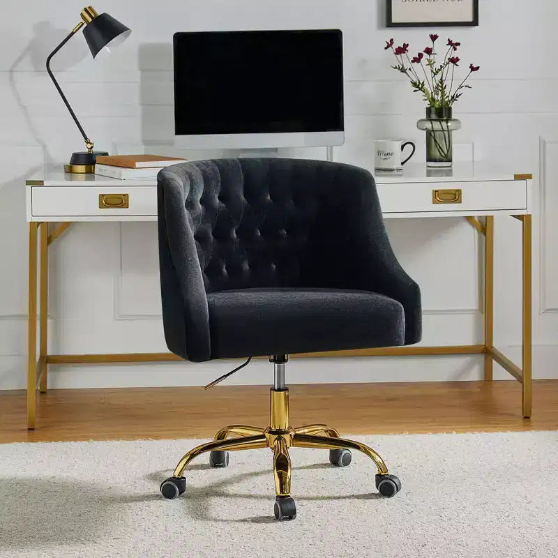 Chaise de bureau moderne pivotante réglable en hauteur en velours avec dossier capitonné et base dorée
