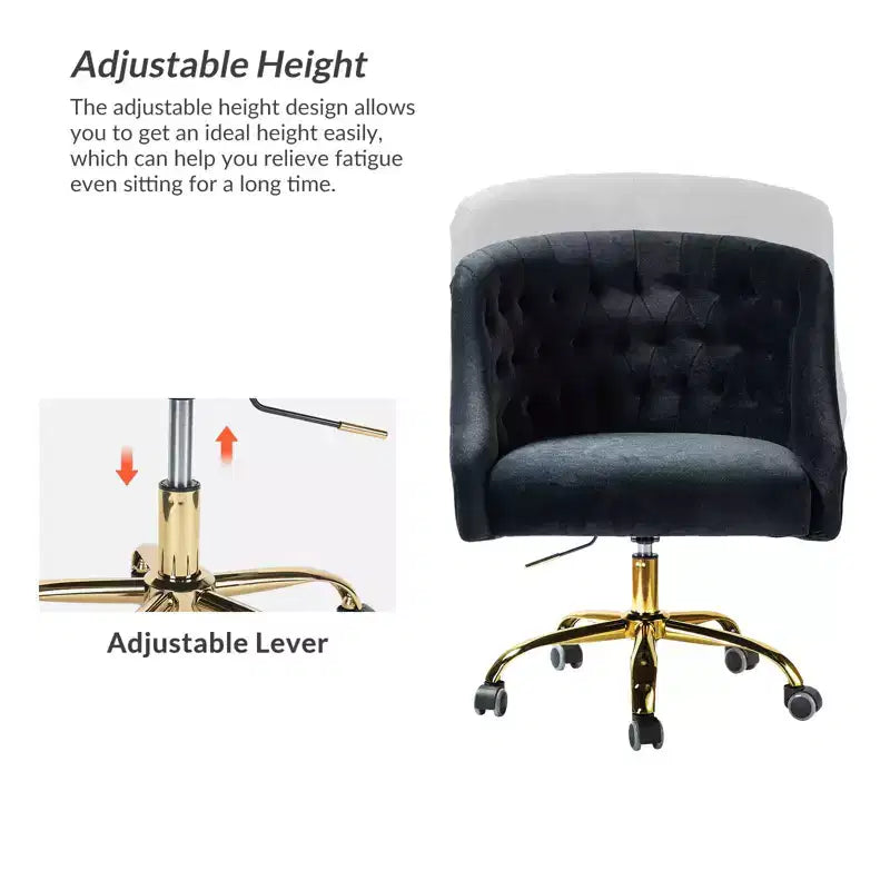 Chaise de bureau moderne pivotante réglable en hauteur en velours avec dossier capitonné et base dorée