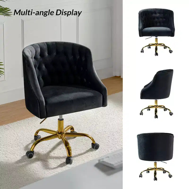 Chaise de bureau moderne pivotante réglable en hauteur en velours avec dossier capitonné et base dorée