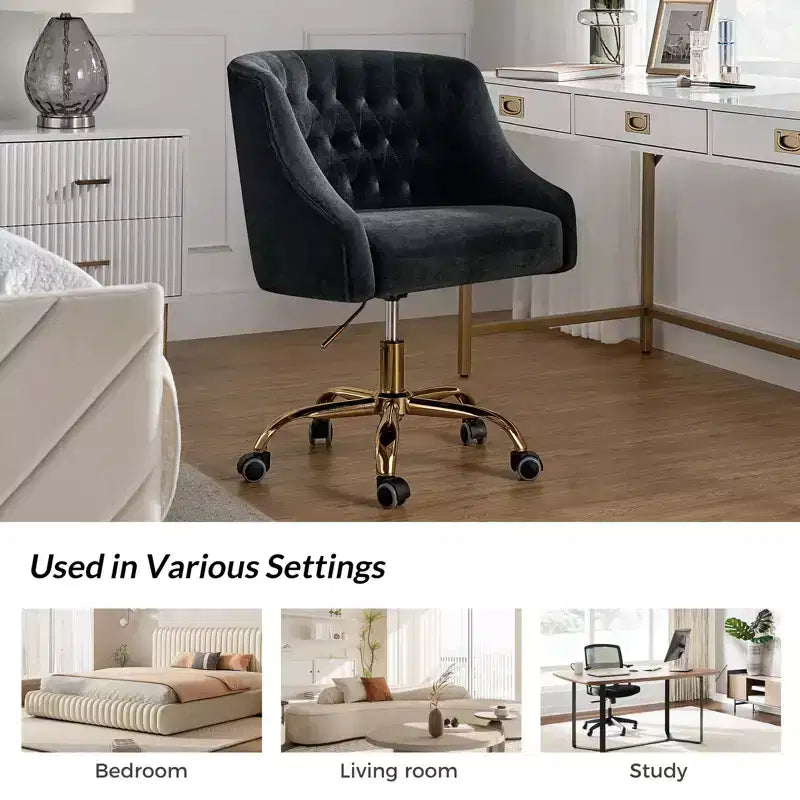 Chaise de bureau moderne pivotante réglable en hauteur en velours avec dossier capitonné et base dorée