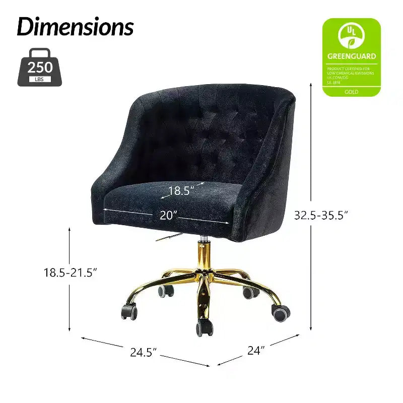 Chaise de bureau moderne pivotante réglable en hauteur en velours avec dossier capitonné et base dorée