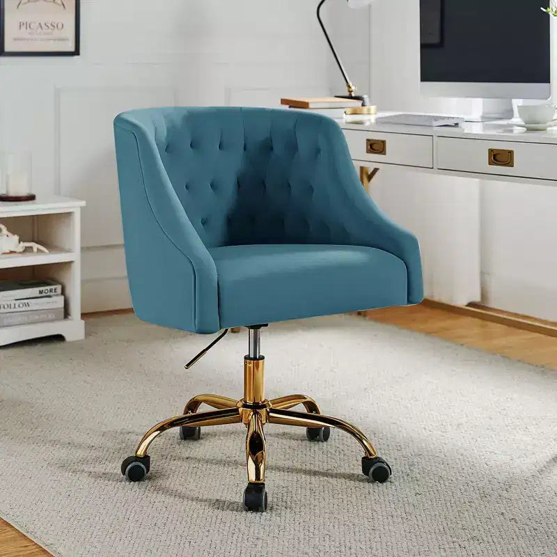 Chaise de bureau moderne pivotante réglable en hauteur en velours avec dossier capitonné et base dorée