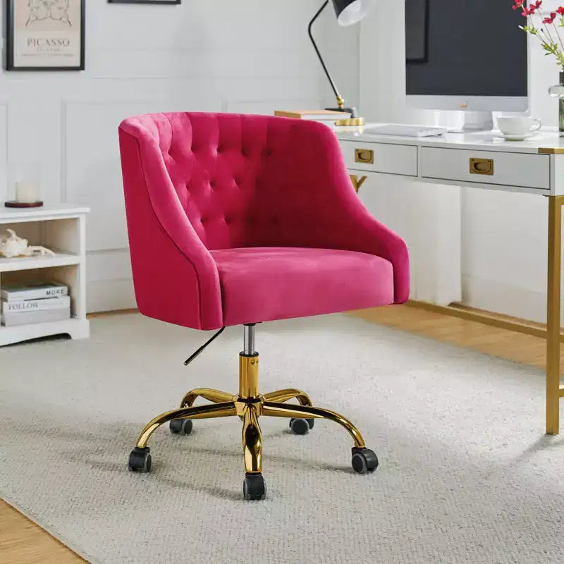 Chaise de bureau moderne pivotante réglable en hauteur en velours avec dossier capitonné et base dorée