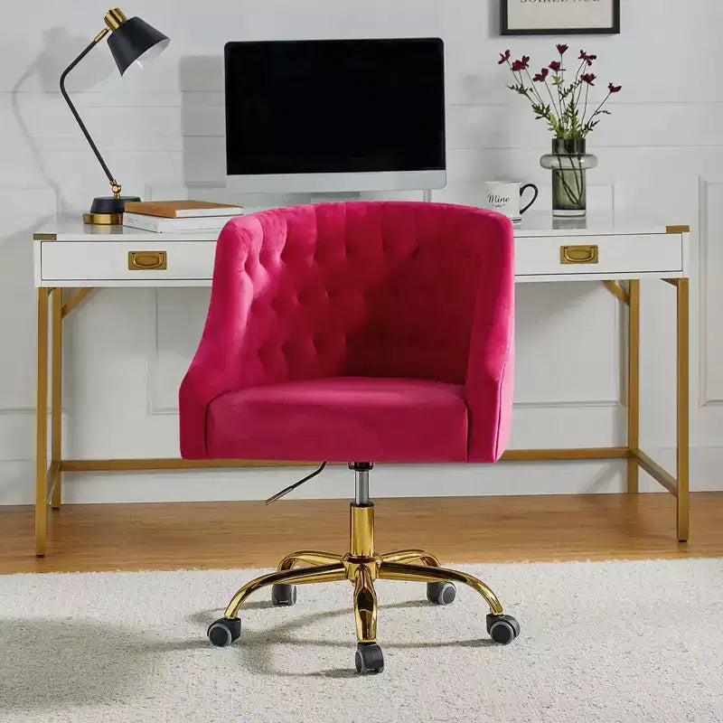 Chaise de bureau moderne pivotante réglable en hauteur en velours avec dossier capitonné et base dorée