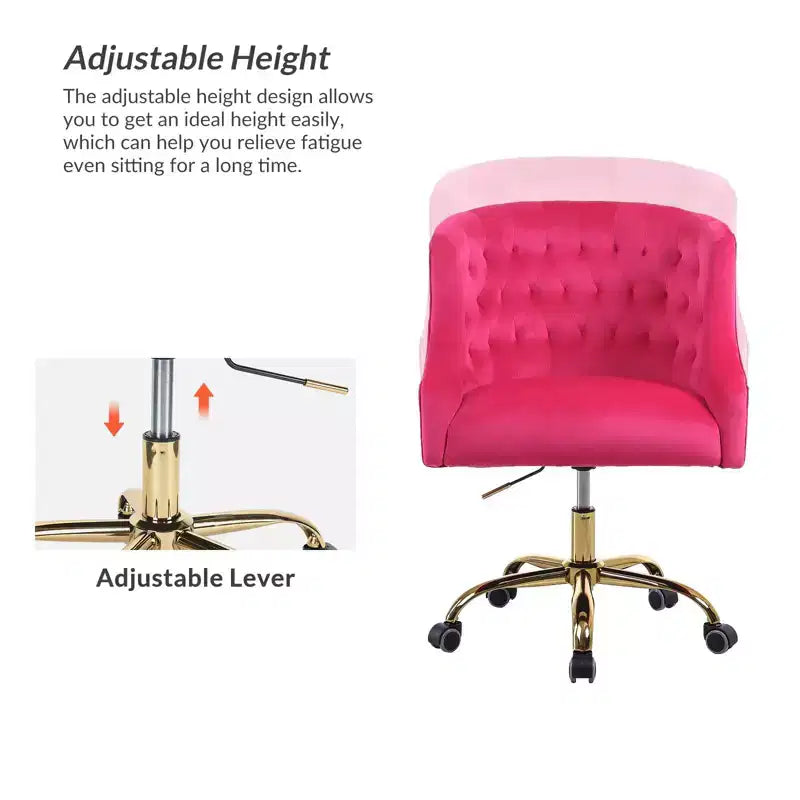 Chaise de bureau moderne pivotante réglable en hauteur en velours avec dossier capitonné et base dorée