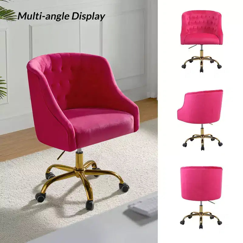Chaise de bureau moderne pivotante réglable en hauteur en velours avec dossier capitonné et base dorée