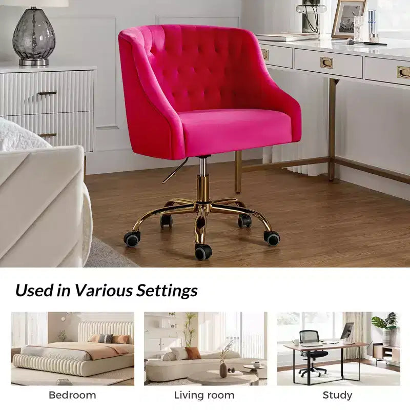 Chaise de bureau moderne pivotante réglable en hauteur en velours avec dossier capitonné et base dorée