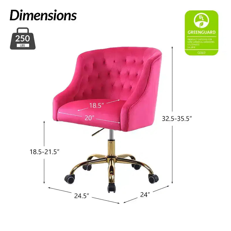 Chaise de bureau moderne pivotante réglable en hauteur en velours avec dossier capitonné et base dorée