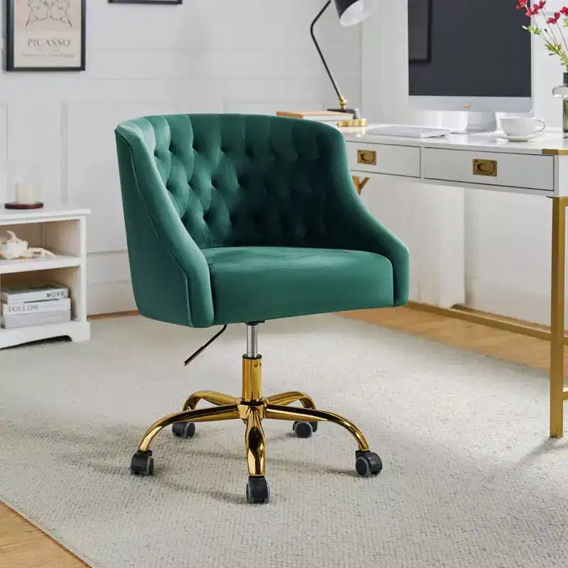 Chaise de bureau moderne pivotante réglable en hauteur en velours avec dossier capitonné et base dorée