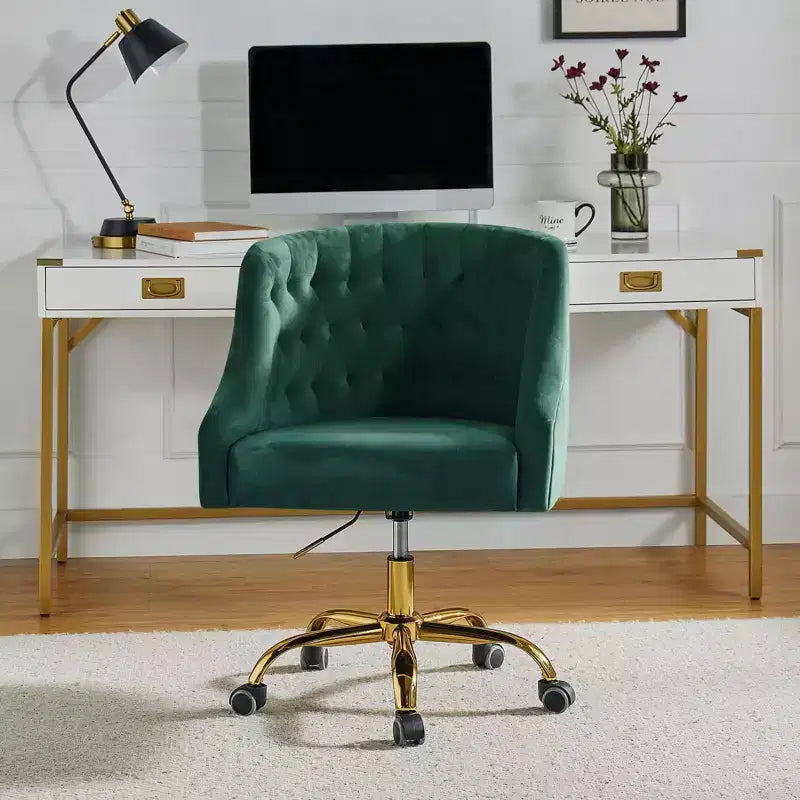 Chaise de bureau moderne pivotante réglable en hauteur en velours avec dossier capitonné et base dorée