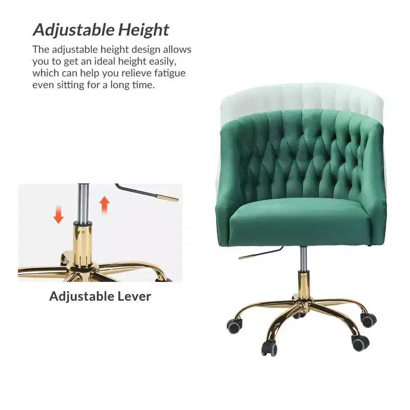 Chaise de bureau moderne pivotante réglable en hauteur en velours avec dossier capitonné et base dorée