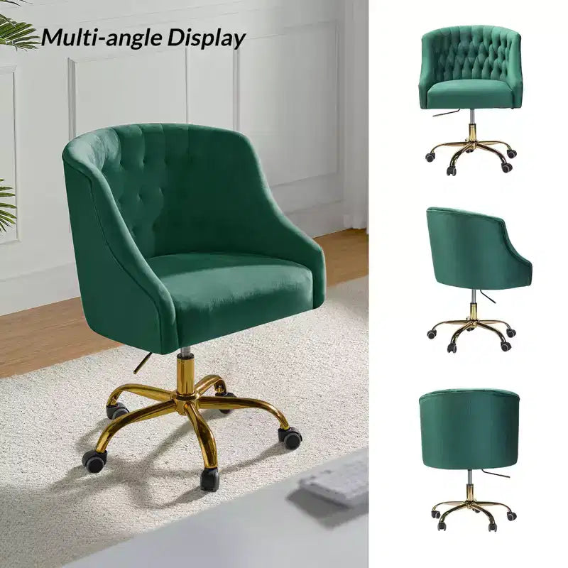 Chaise de bureau moderne pivotante réglable en hauteur en velours avec dossier capitonné et base dorée