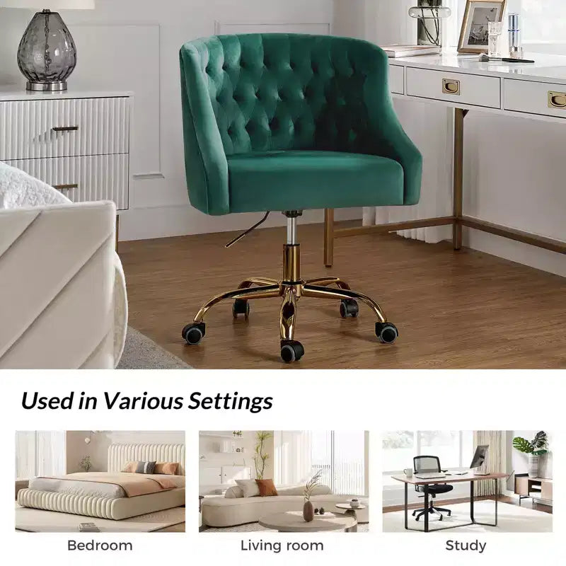 Chaise de bureau moderne pivotante réglable en hauteur en velours avec dossier capitonné et base dorée