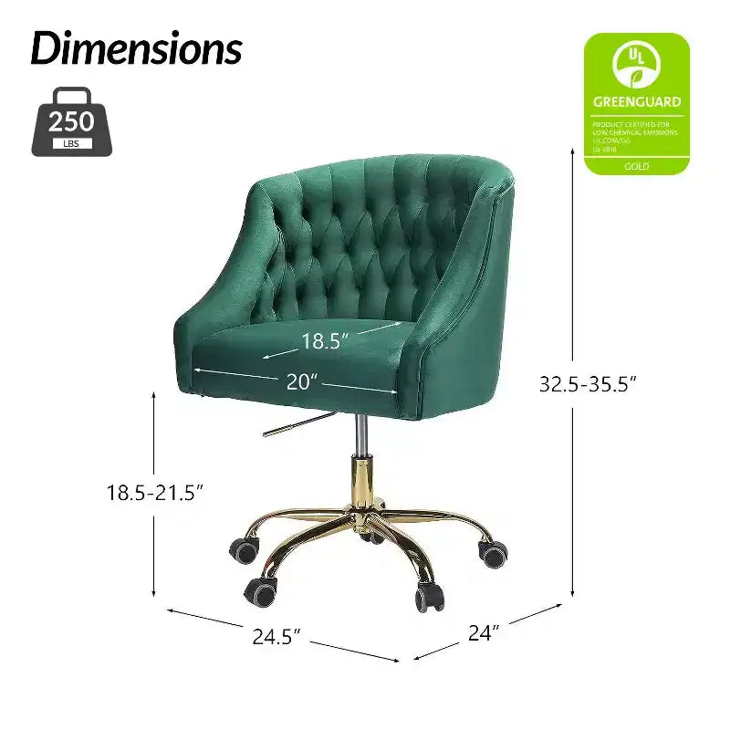 Chaise de bureau moderne pivotante réglable en hauteur en velours avec dossier capitonné et base dorée